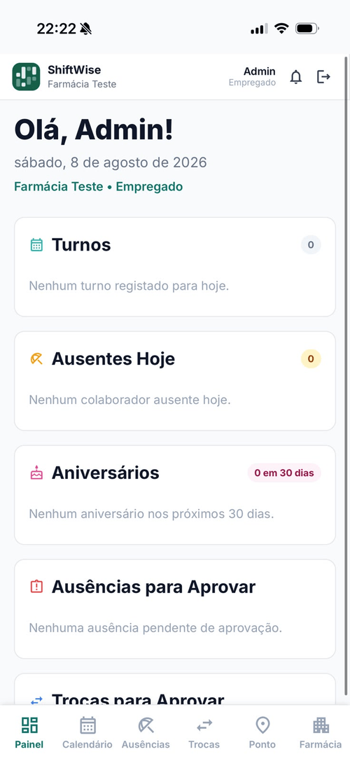 Ecrã da aplicação SH Shifts no telemóvel, com os turnos e as ausências do dia.